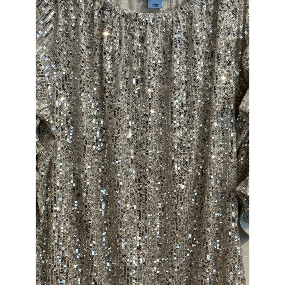 CeCe Blouse Womens Large Champagne Silver Sequin Flutter Sleeve Lined Party Top - Picture 3 of 9